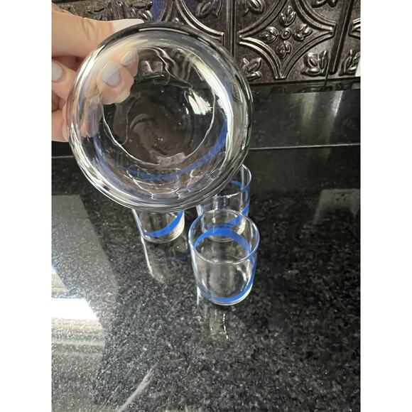 Libby MCM Glasses Juice Cups Blue Black line Swirl Set of 4 Vintage - Picture 5 of 9